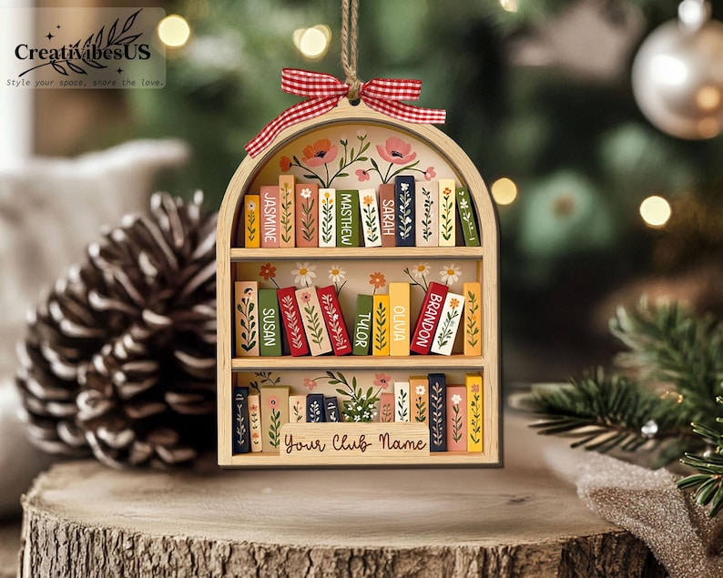 Custom Book Club Ornament, Christmas Bookshelf Wood Ornament, Book Lover Xmas Gift, Bookish Ornament image 9