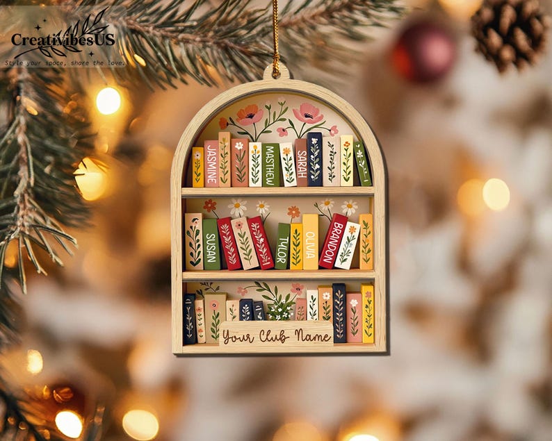 Custom Book Club Ornament, Christmas Bookshelf Wood Ornament, Book Lover Xmas Gift, Bookish Ornament image 10