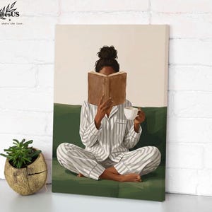 Minimalist Woman Reading Book Print, Bookish Wall Art, Black Woman Reading Poster, Book Lover Canvas, Black Girl Home Decor image 6
