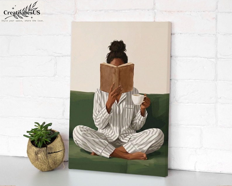 Minimalist Woman Reading Book Print, Bookish Wall Art, Black Woman Reading Poster, Book Lover Canvas, Black Girl Home Decor image 6
