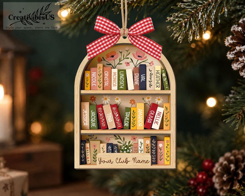 Custom Book Club Ornament, Christmas Bookshelf Wood Ornament, Book Lover Xmas Gift, Bookish Ornament image 1