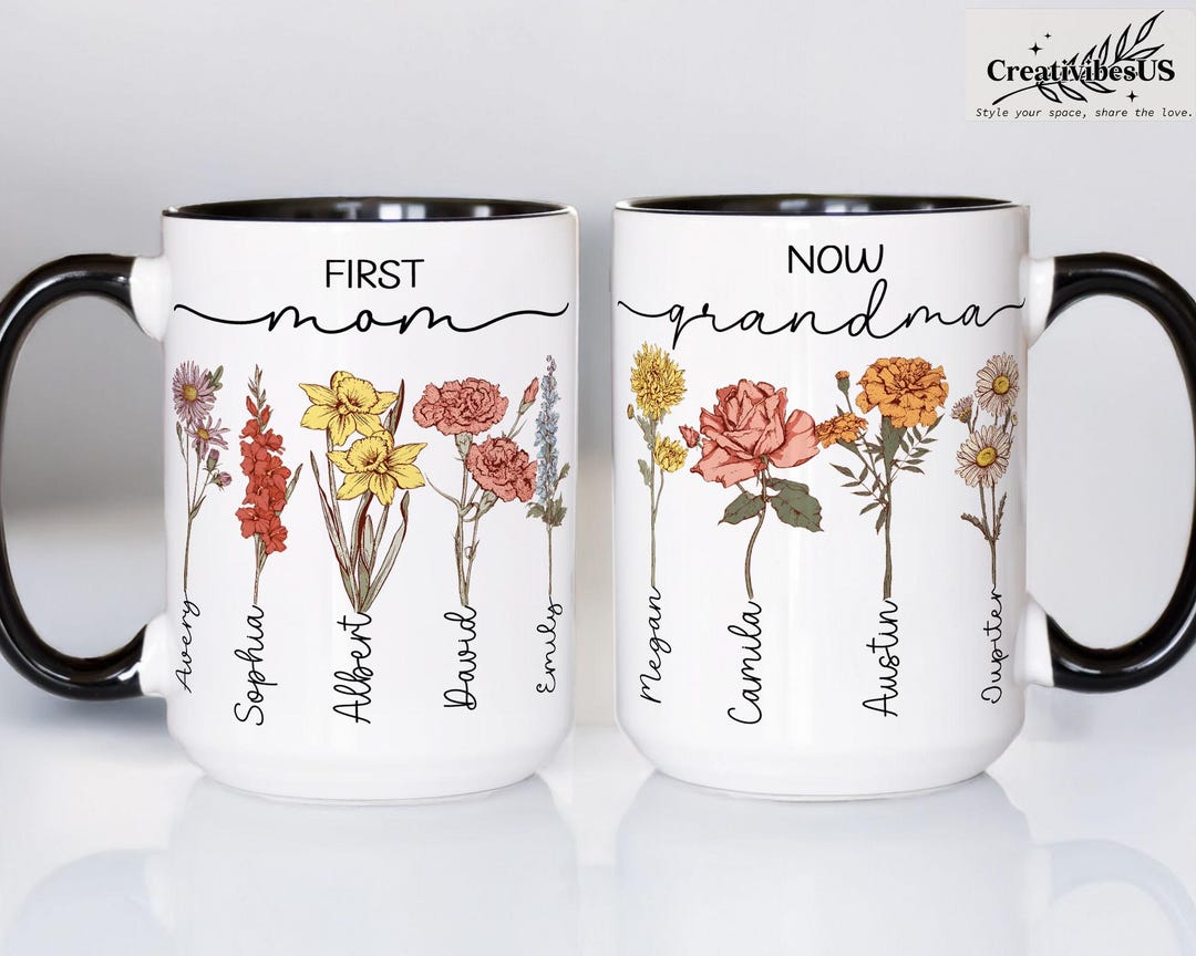 First Mom Now Grandma Floral Mug, Personalized Mom Grandma Garden Mug ...