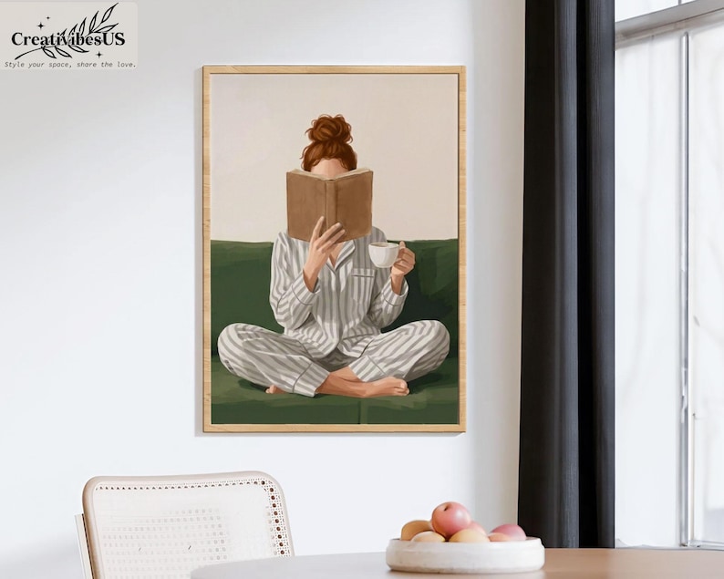 Minimalist Woman Reading Book Print, Bookish Wall Art, Black Woman Reading Poster, Book Lover Canvas, Black Girl Home Decor image 3