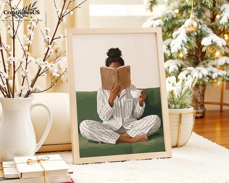 Minimalist Woman Reading Book Print, Bookish Wall Art, Black Woman Reading Poster, Book Lover Canvas, Black Girl Home Decor image 9