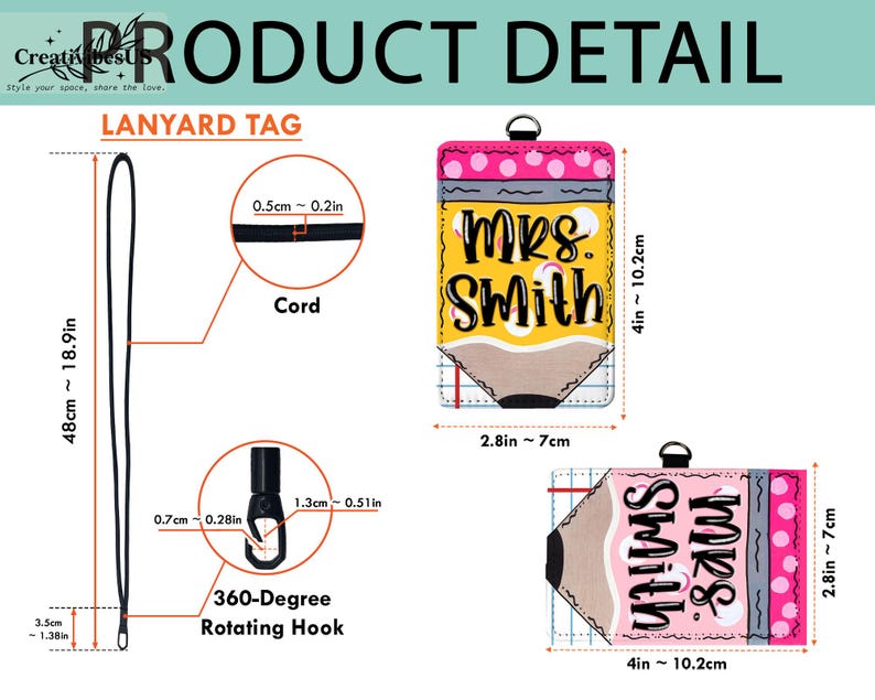 K&ouml;nnte beinhalten: Ein Schl&uuml;sselband-Anh&auml;nger mit dem Text "Mrs. Smith" in einem Bleistift-Design. Der Anh&auml;nger ist 10,2 cm x 7 cm gro&szlig;. Das schwarze Schl&uuml;sselband ist 48 cm lang und hat einen 360-Grad-Drehhaken.