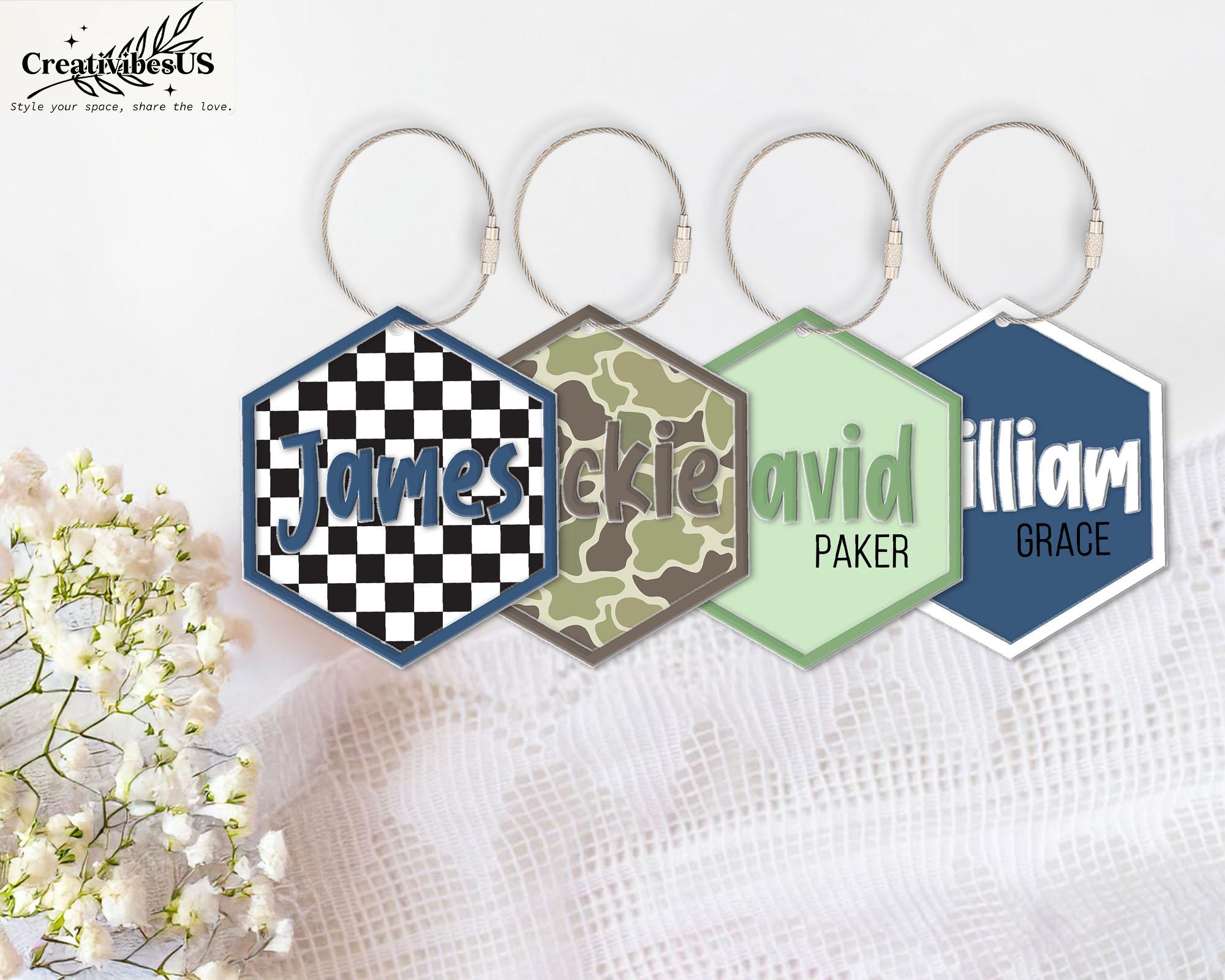 Camo Print Boy Acrylic Name Keychain, Custom Bag Name Tag, Cute Backpack Name Keychain For Kids, Diaper Bag Tag, Checkered Lunch Box Tag