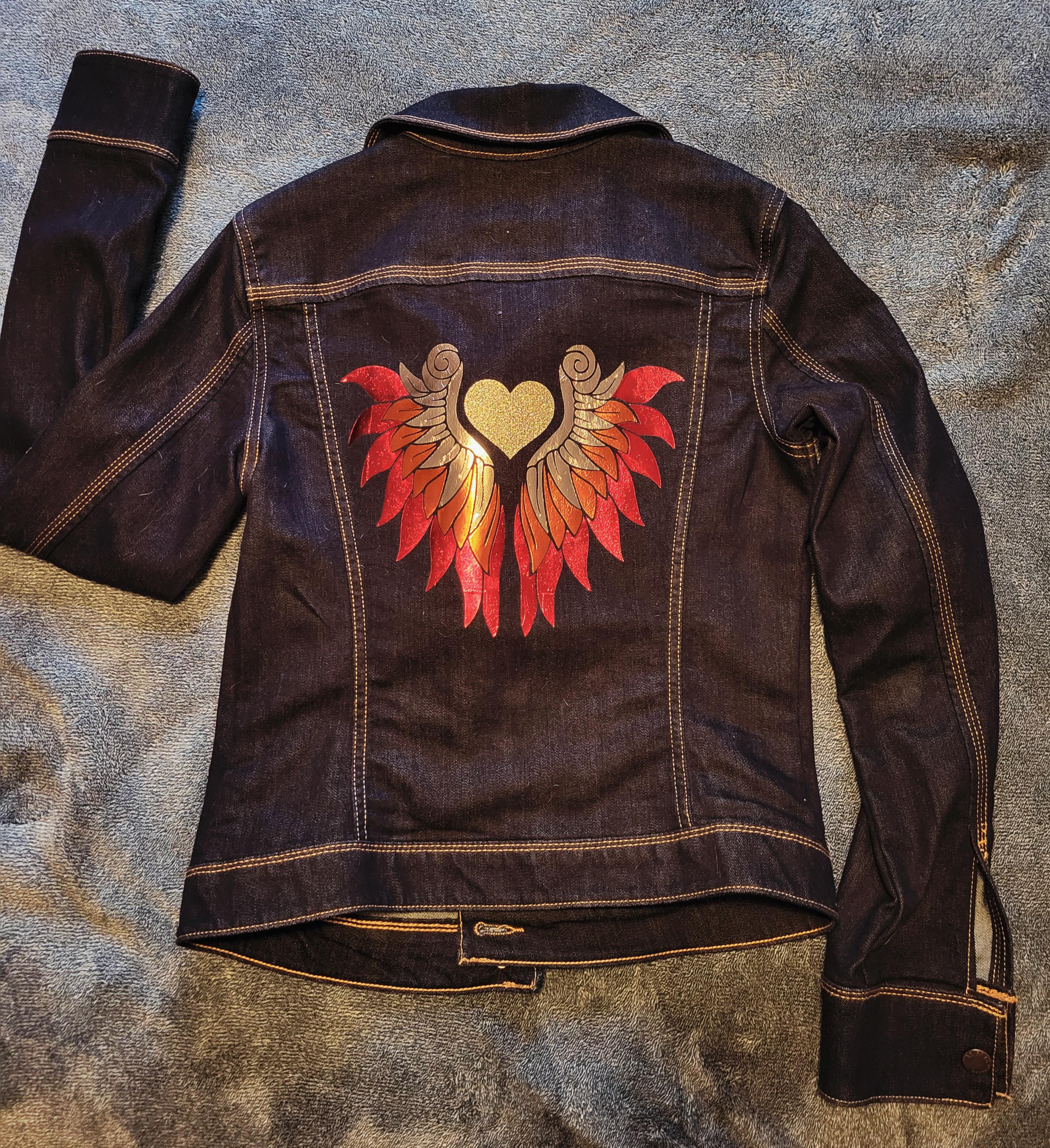 Flame Colored Winged Upcycled Denim Jacket – with Glitter Heart - Thumbnail 2
