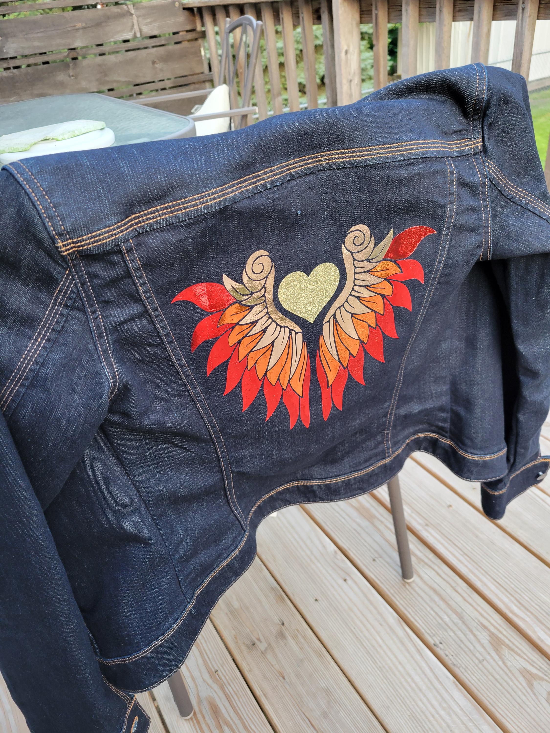 Flame Colored Winged Upcycled Denim Jacket – with Glitter Heart - Thumbnail 3