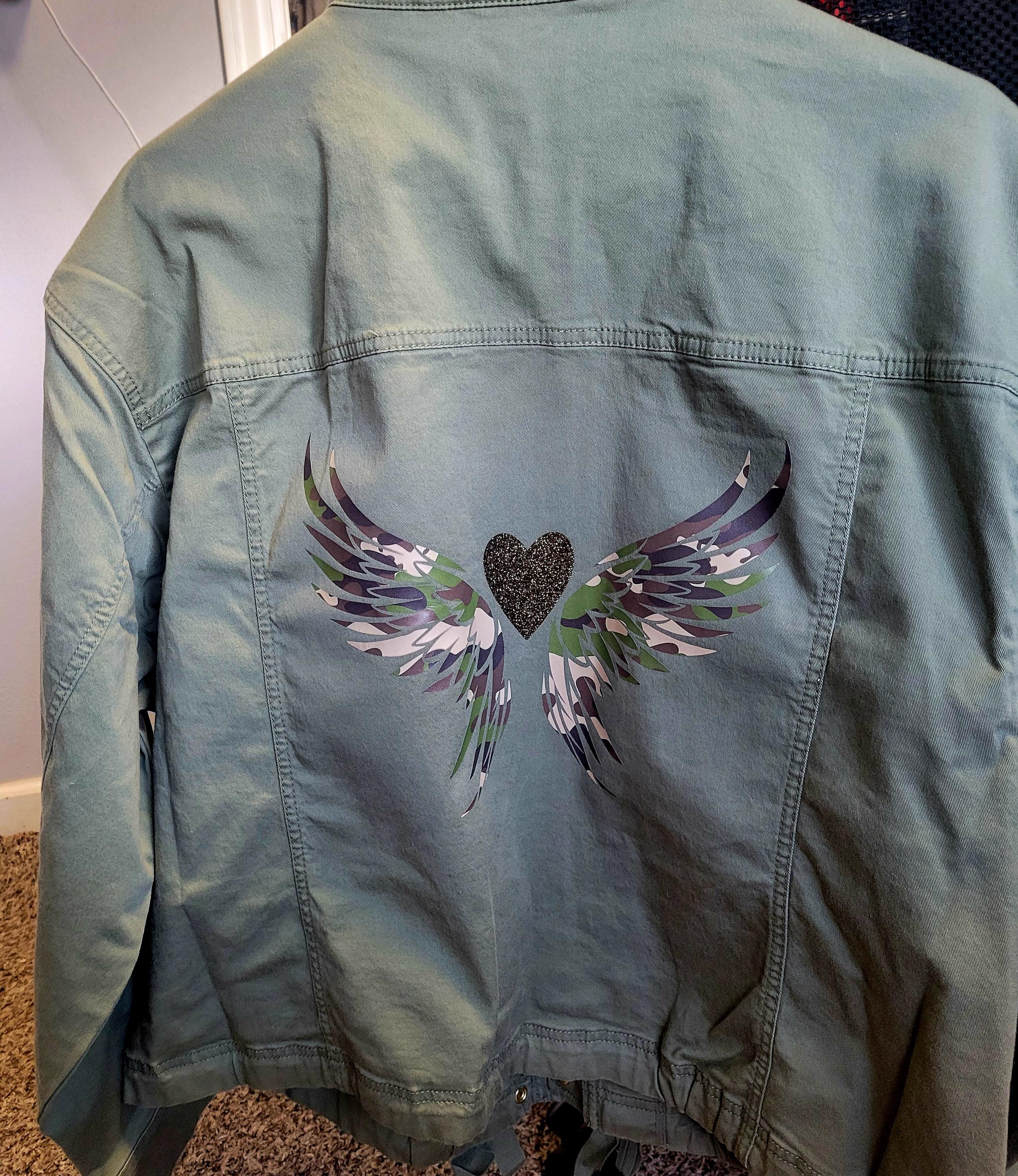 Olive Green Denim Jacket with Cammo Wings and Glitter Heart - Thumbnail 4