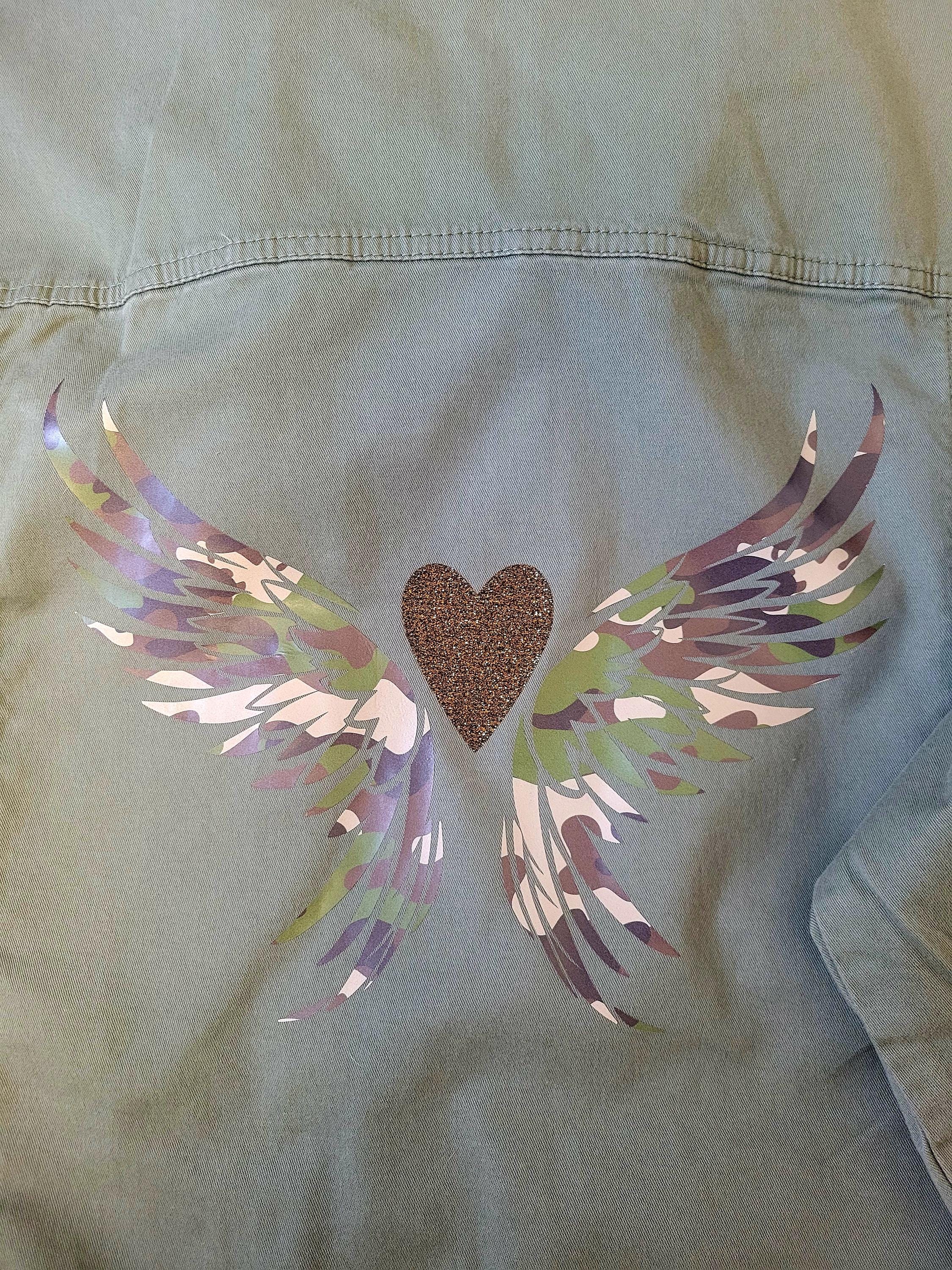 Olive Green Denim Jacket with Cammo Wings and Glitter Heart - Thumbnail 3