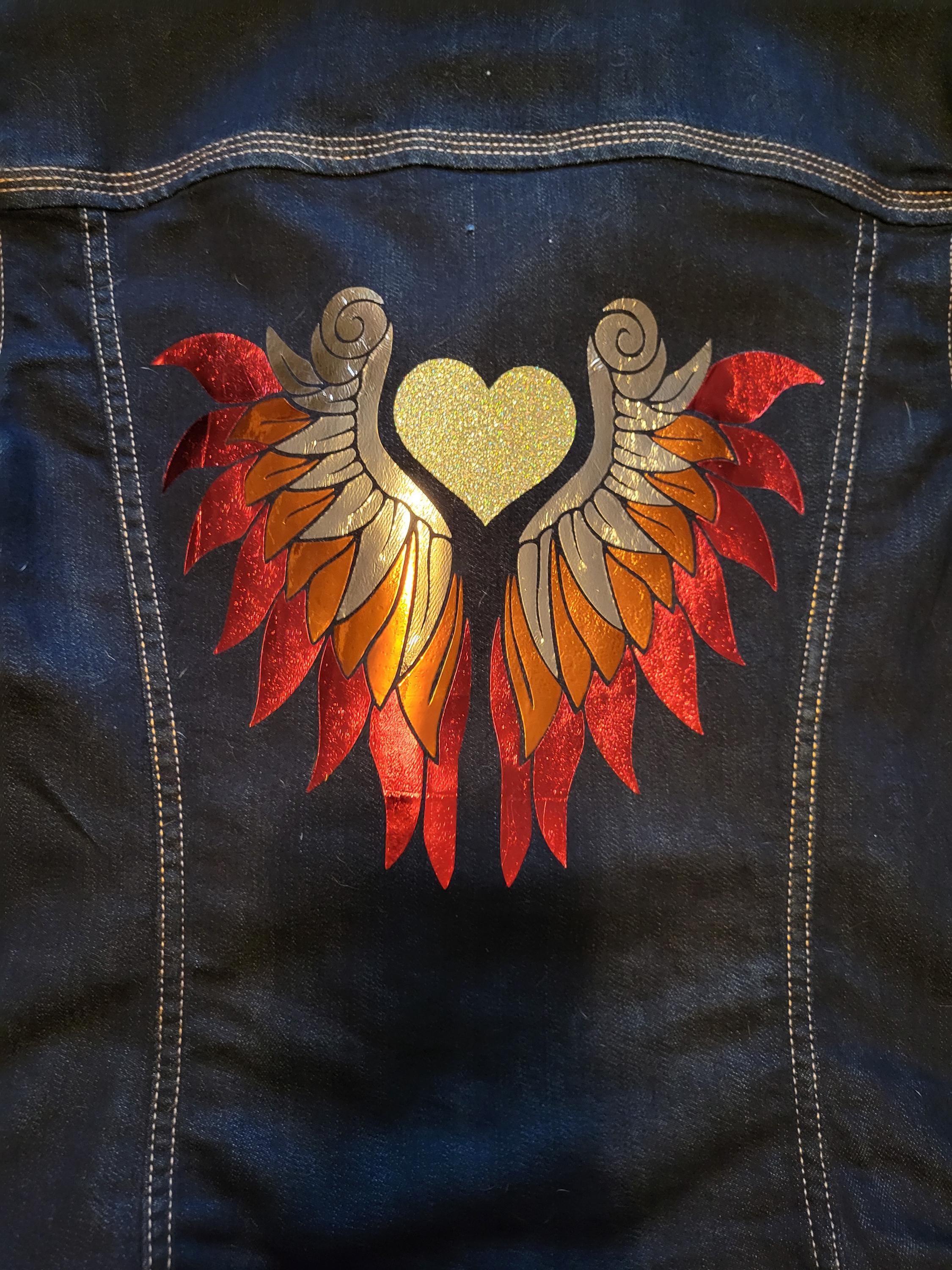 Flame Colored Winged Upcycled Denim Jacket – with Glitter Heart