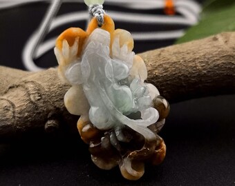 45.9mm Translucent Antique Grass Dragon on Yellow Lotus Leaf Jade Pendant - Hand-Carved Certified Natural (Type A) Ice Green Myanmar Jadeite