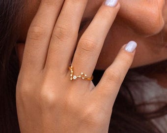 Pisces Zodiac Constellation Ring, 14k Gold Plated Horoscope Ring with Zircon, Bridesmaids Gift, Pisces Gift, Pisces Ring