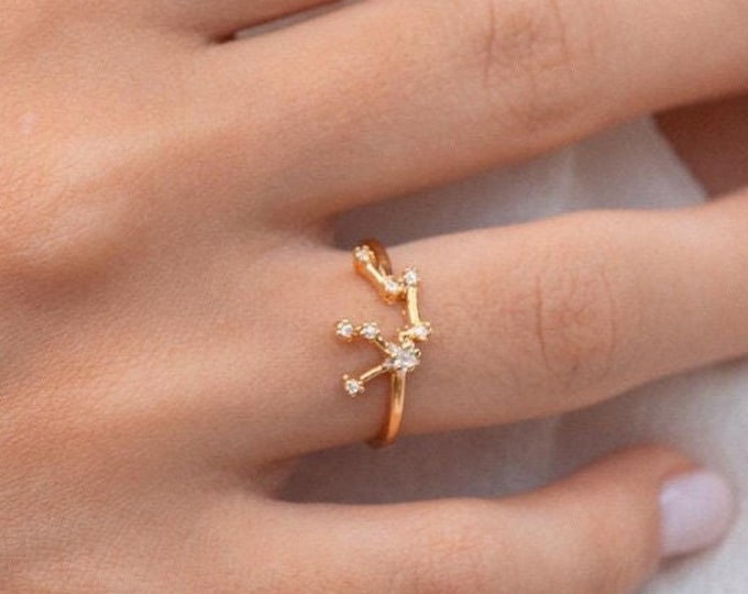 Aquarius Zodiac Constellation Ring, 14k Gold Plated Horoscope Ring with Zircon, Bridesmaids Gift, Aquarius Gift, Aquarius Ring