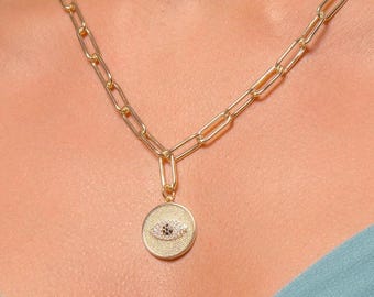 Paved Evil Eye Medallion Necklace | Statement  CZ Protection Jewelry | Zircon Eye Pendant on Chunky Chain