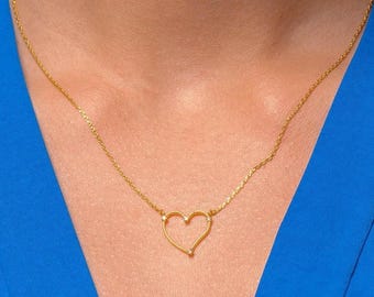 Minimalist CZ Simple Heart Necklace | Dainty Gold Plated Heart Charm Necklace