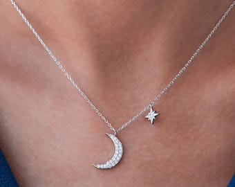 Minimalist Halbmond und Stern Halskette | Zarte Vergoldete Halskette