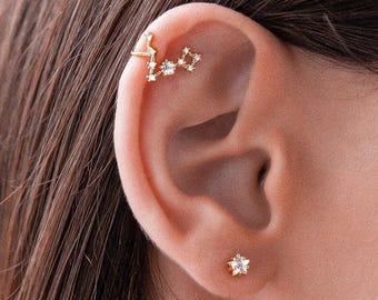 Pisces Zodiac Constellation Earrings, Mismatched Set of Star Zircon Stud and Ear Cuff, Helix Wrap No Piercing, Pisces  Birthday Gift