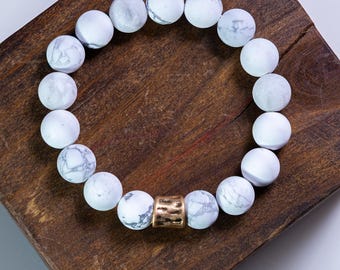 White Howlite Bracelet for Emotional Calmness, Genuine Semiprecious Stone Beads, Cream Beaded Jewelry for Men Women