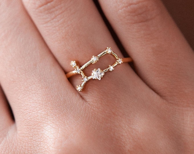 Gemini Zodiac Constellation Ring, 14k Gold Plated Horoscope Ring with Zircon, Bridesmaids Gift, Gemini Gift Idea