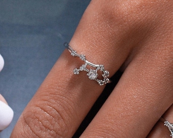 Virgo Zodiac Constellation Ring, 14k Gold Plated Horoscope Ring with Zircon, Bridesmaids Gift, Cancer Gift Idea