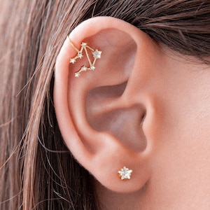 Libra Zodiac Constellation Mismatched Set of Star CZ Stud and Ear Cuff, Helix Wrap Earring No Piercing