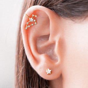 Leo Zodiac Constellation Earrings, Mismatched Set of Star CZ Stud and Ear Cuff, Helix Wrap Earring No Piercing, Leo Birthday Gift