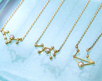 Zodiac Constellation Necklace with Zircon, Dainty Horoscope Charm, Astrology jewelry, Bridesmaids Gift