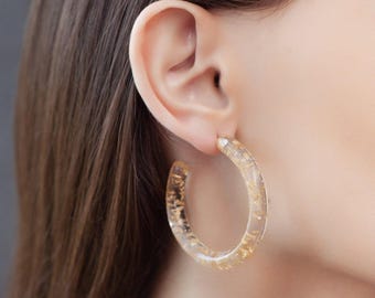 Clear Hoop Earrings with  Gold Specks, Lightweight Statement Hoops , Party Hoop Earrings, Acetate Earrings See-through