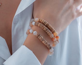 Layered Boho Beaded Bracelet Stack, Earthy Wooden Disc & Gemstone Layering Bracelets, Beachy Neutral Jewelry Set