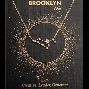 Collar con la constelación del zodiaco Leo, colgante del zodiaco chapado en oro de 14 k con circonita, regalo para damas de honor, regalo para Leo