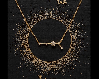 Aries Constellation Necklace, 14k Gold Zodiac Pendant, Zircon Stars