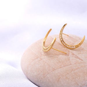Crescent Moon Studs, 14k Gold Plated Moon Studs, Paved Half Moon Stud Earrings, Gift for her, Moon Jewelry