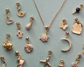 Gold Vermeil Slide Charms for Chain, Dainty Slider Pendants for Custom Charm Necklace, CZ Evil Eye Moon Star Hamsa Pearl Airplane Bee Charms