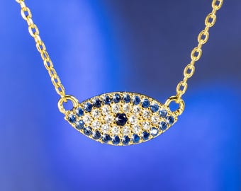 Dainty Evil Eye Necklace | Minimalist CZ Protection Jewelry | Tiny Blue & Clear Stone Pendant