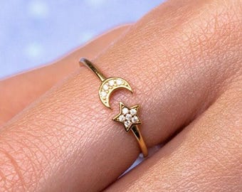 Half Moon and Star Dainty Ring with Zircon, Adjustable Celestial Ring 14k Gold Plated