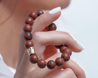 Matte Brown Agate Bracelet, Genuine Semiprecious Stone Beads, Chestnut Beaded Jewelry for Men Women