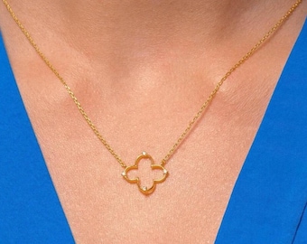 Minimalist CZ Four Leaf Clover Necklace | Dainty Gold Plated Good Luck Charm