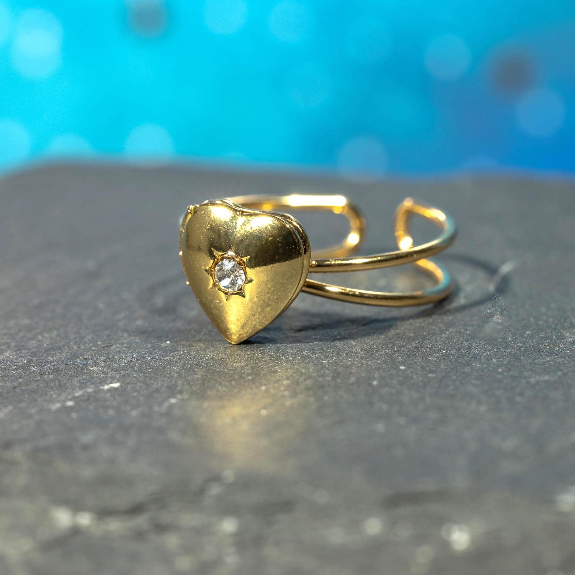 Gold Heart Locket Ring with Zircon, Miniature Heart Locket Statement Ring, Meaningful Gift, One size Ring, Gift for Girlfriend