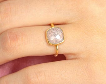 Black Rutile Statement Ring, Black Grey Quartz Stone Ring, Gold Vermeil Ring with Rutile Gemstone, Gift for Her