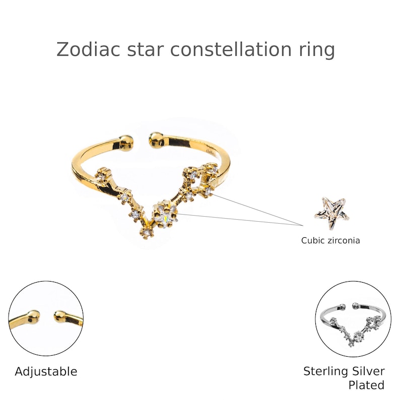 May include: Gold adjustable ring with a constellation design made of cubic zirconia stones. The ring is also available in sterling silver plated.