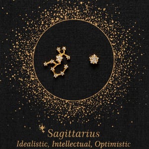 May include: Gold-colored Sagittarius constellation stud earrings with clear crystal accents. One earring features the constellation shape, the other a starburst design. The earrings are displayed on a black background with gold speckles and the text "Sagittarius".