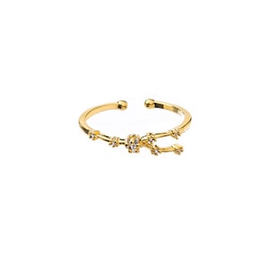May include: Gold adjustable ring with a constellation design featuring small clear cubic zirconia stones.