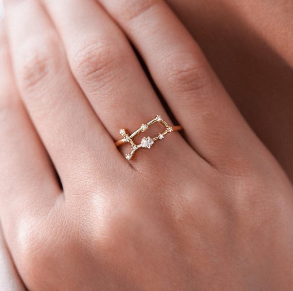 Gemini Zodiac Constellation Ring, 14k Gold Plated Horoscope Ring with Zircon, Bridesmaids Gift, Gemini Gift Idea
