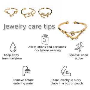 May include: Jewelry care tips: Keep away from moisture, allow lotions and perfumes to dry before wearing, remove when active, remove before entering water, and store jewelry in a dry place in a box or pouch.