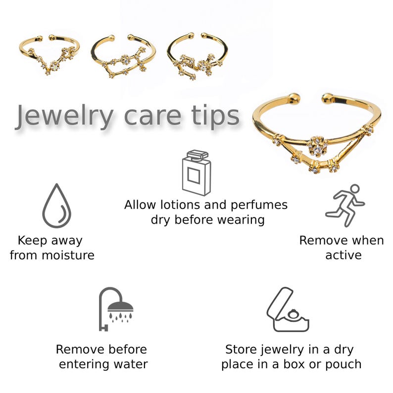 May include: Jewelry care tips: Keep away from moisture, allow lotions and perfumes to dry before wearing, remove when active, remove before entering water, and store jewelry in a dry place in a box or pouch.
