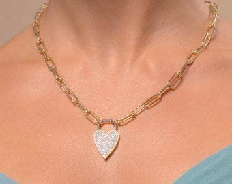 Paved Heart Necklace | Gold Plated Heart Charm Necklace, Statement Heart Necklace