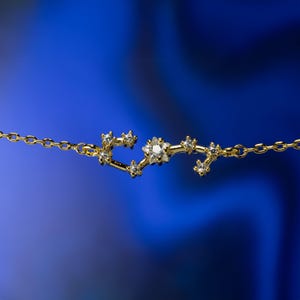 Puede incluir: Un collar de cadena dorada con un colgante de constelaci&oacute;n con peque&ntilde;as piedras transparentes. El colgante tiene la forma de la constelaci&oacute;n de Acuario.