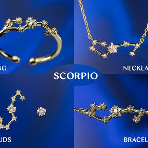 May include: Gold Scorpio constellation jewelry set with a ring, necklace, bracelet, and stud earrings. Each piece features a delicate design of the Scorpio constellation with sparkling clear crystals.