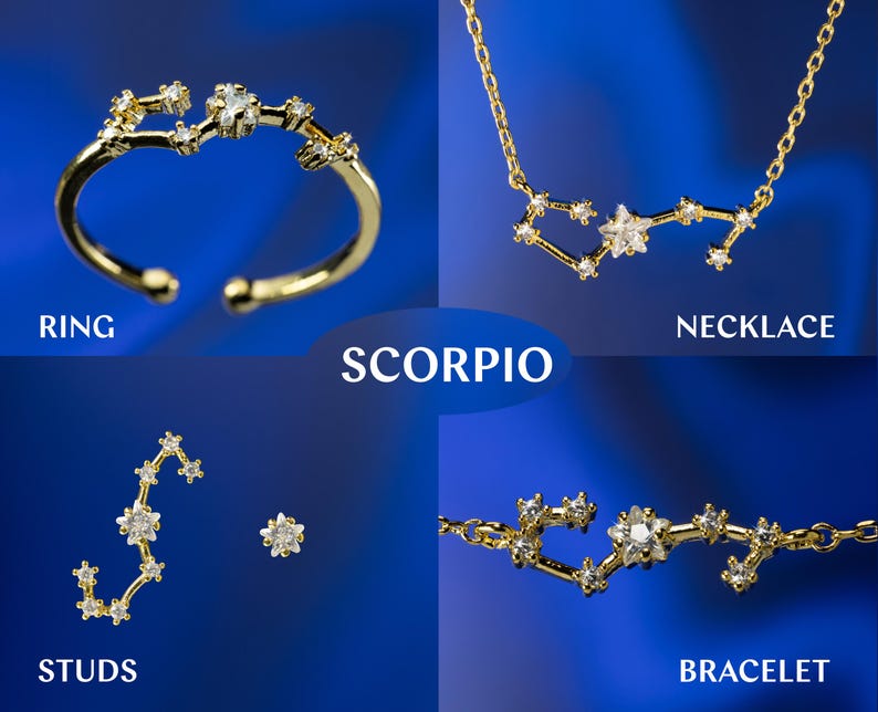 May include: Gold Scorpio constellation jewelry set with a ring, necklace, bracelet, and stud earrings. Each piece features a delicate design of the Scorpio constellation with sparkling clear crystals.